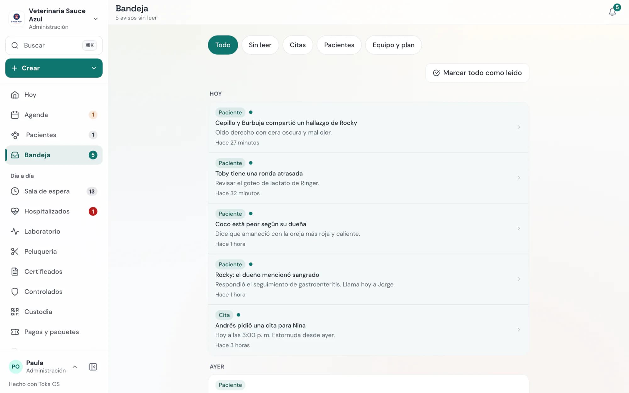 Toka OS: la Bandeja con lo que necesita la atención del equipo