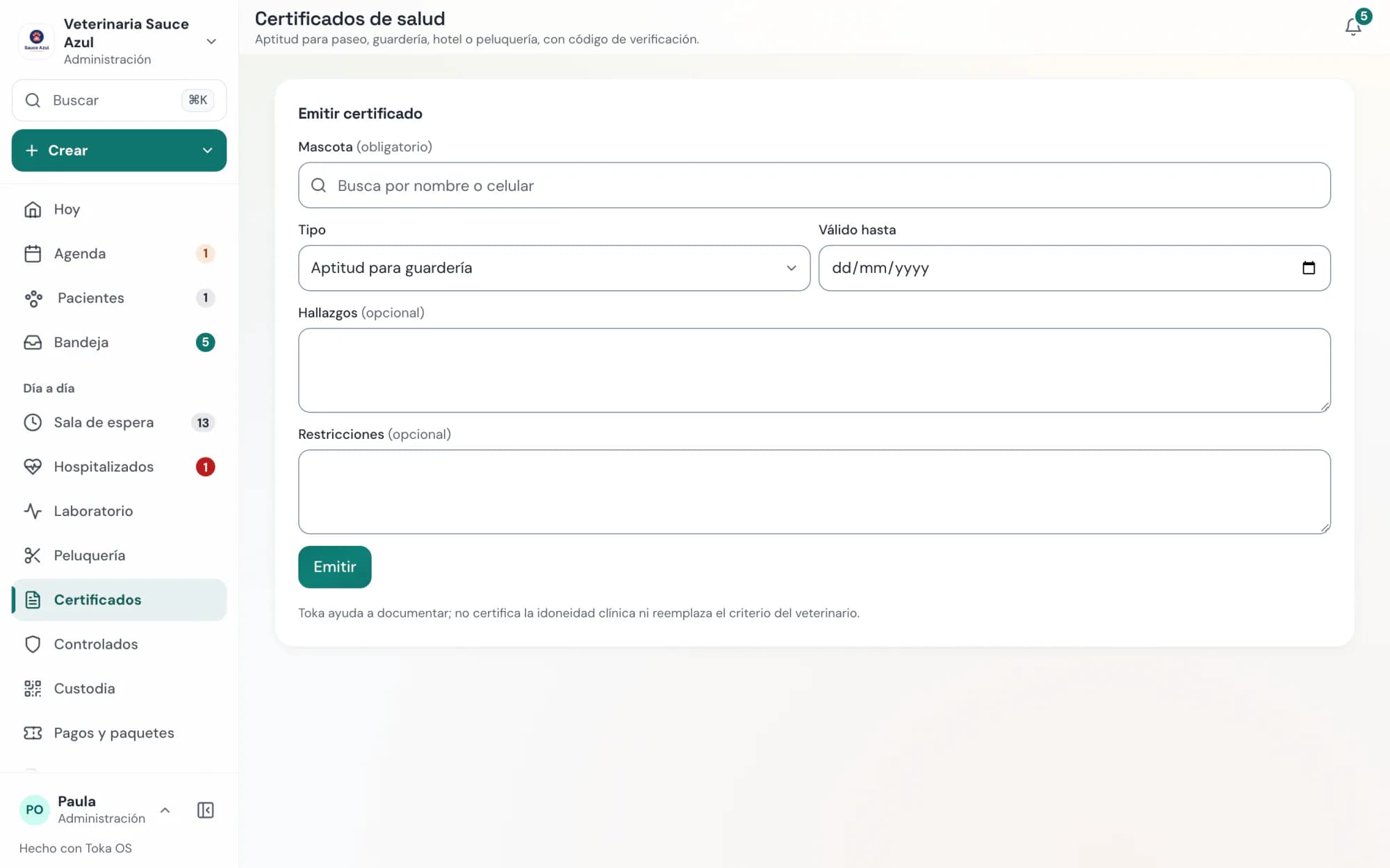 Toka OS: certificados de salud con su código de verificación