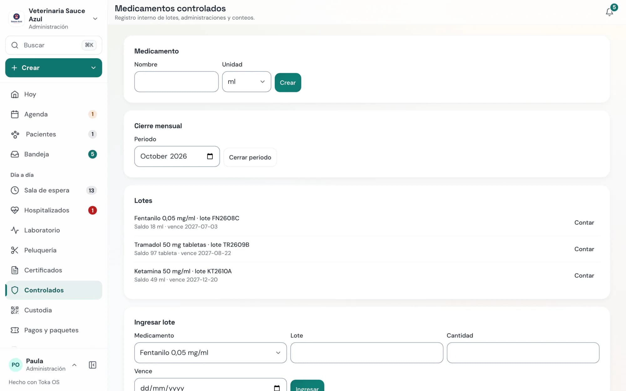 Toka OS: registro interno de medicamentos de control con lotes, movimientos y conteos
