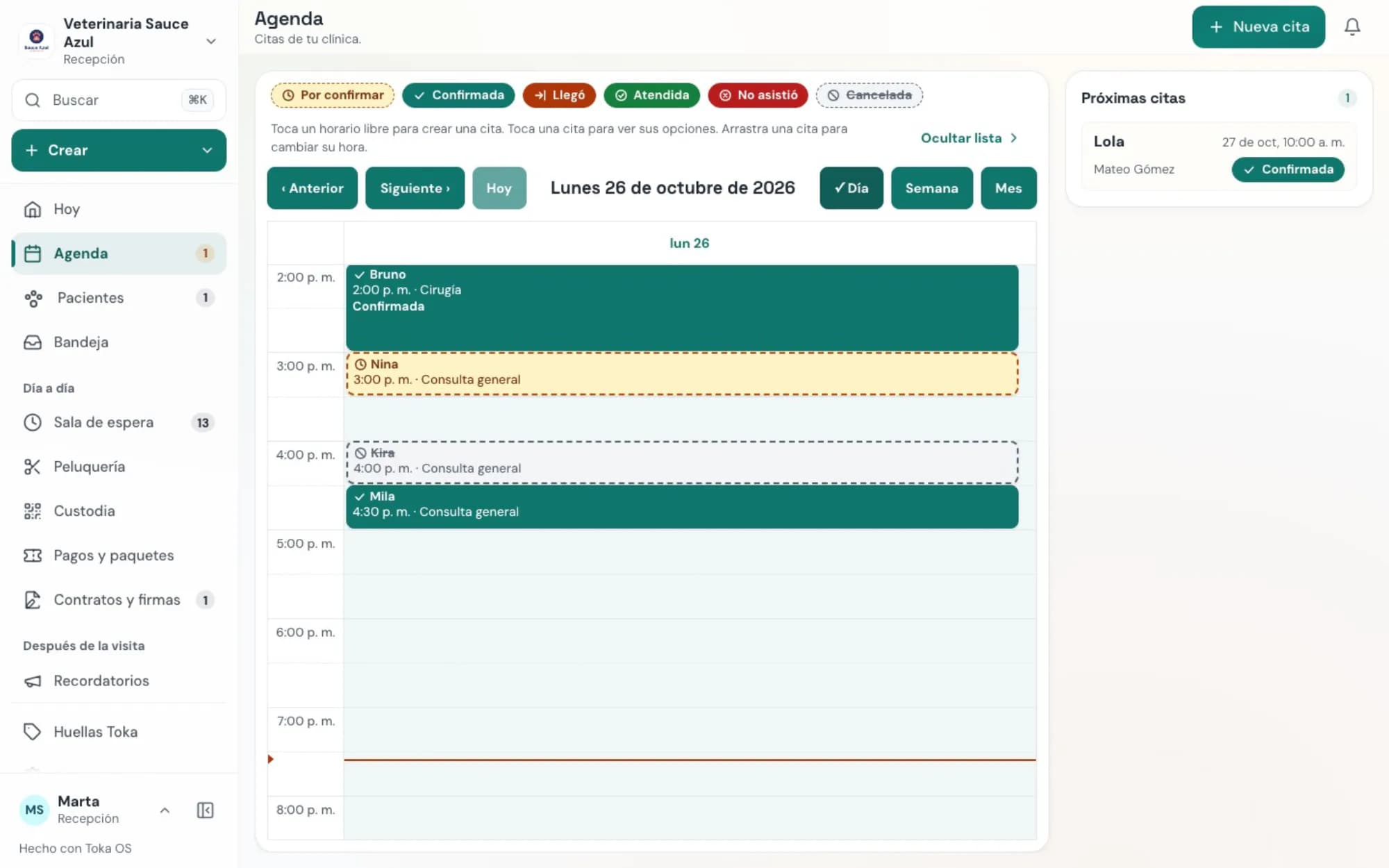 Toka OS: agenda con un espacio libre para crear una cita