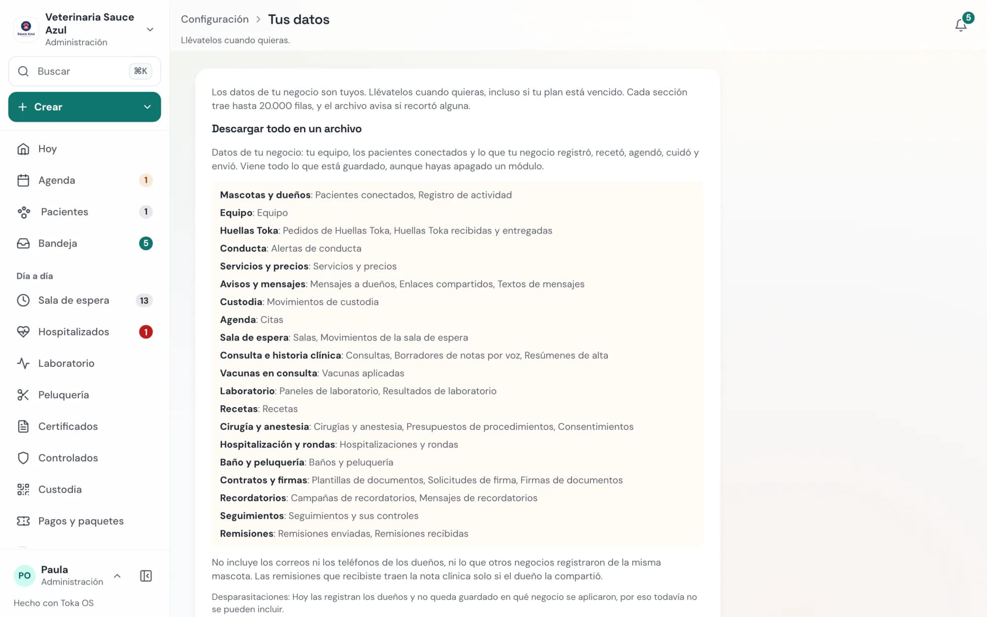Toka OS: exportar los datos del negocio desde Configuración