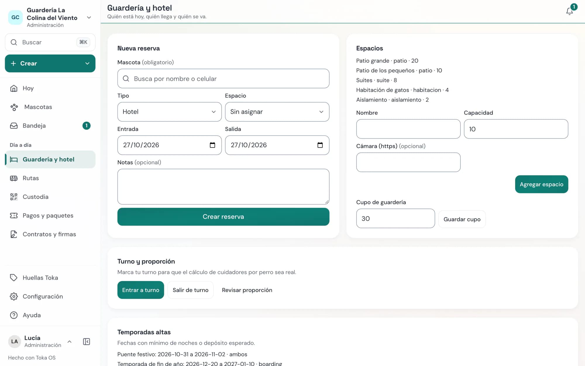 Toka OS: estadías de guardería y hotel con ingresos, salidas y áreas con su capacidad