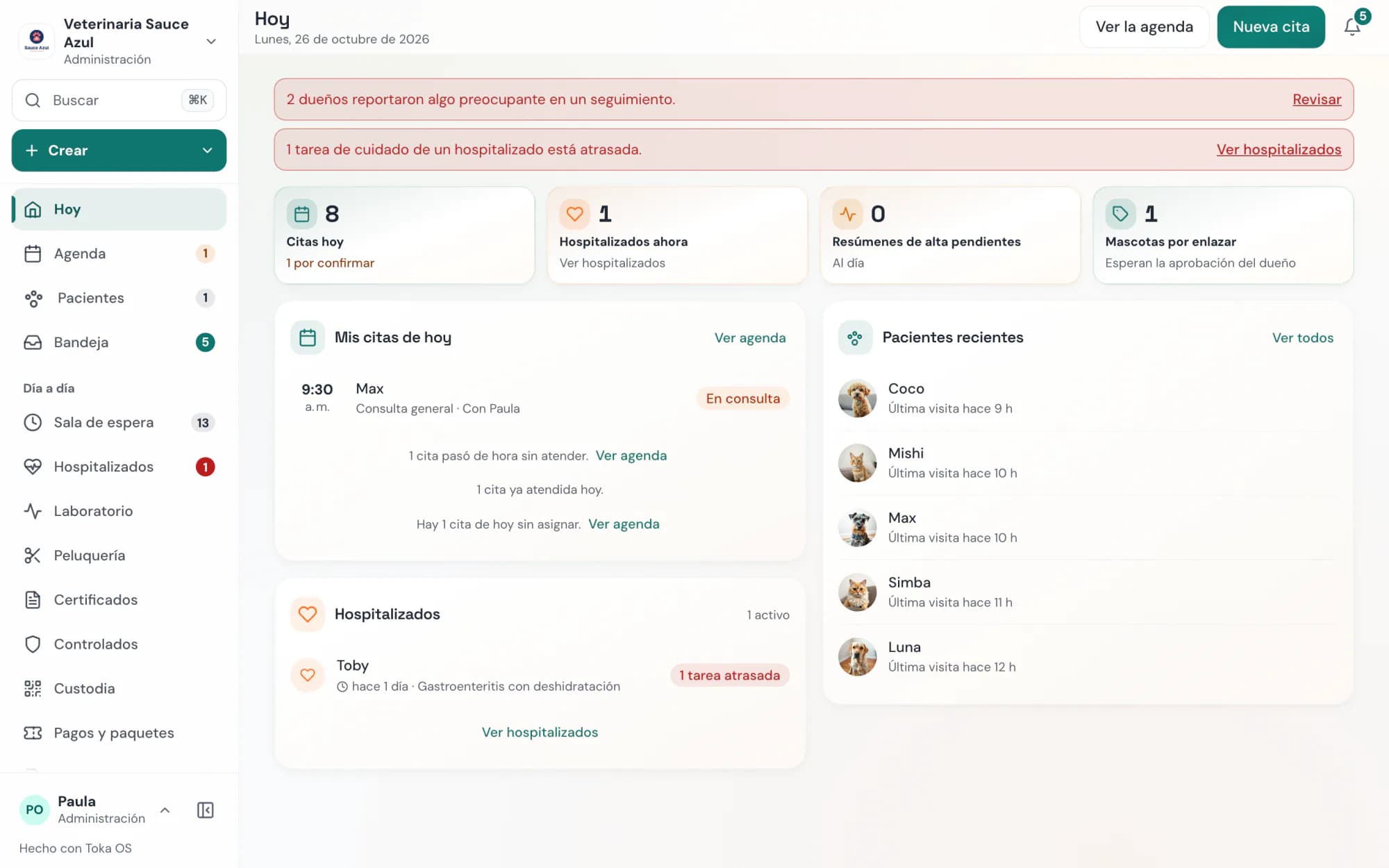 Toka OS: pantalla Hoy con las citas del día, la sala de espera y los hospitalizados