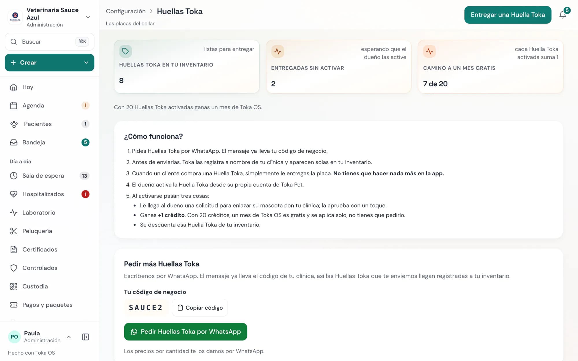 Toka OS: inventario de Huellas Toka del negocio y el camino a un mes gratis