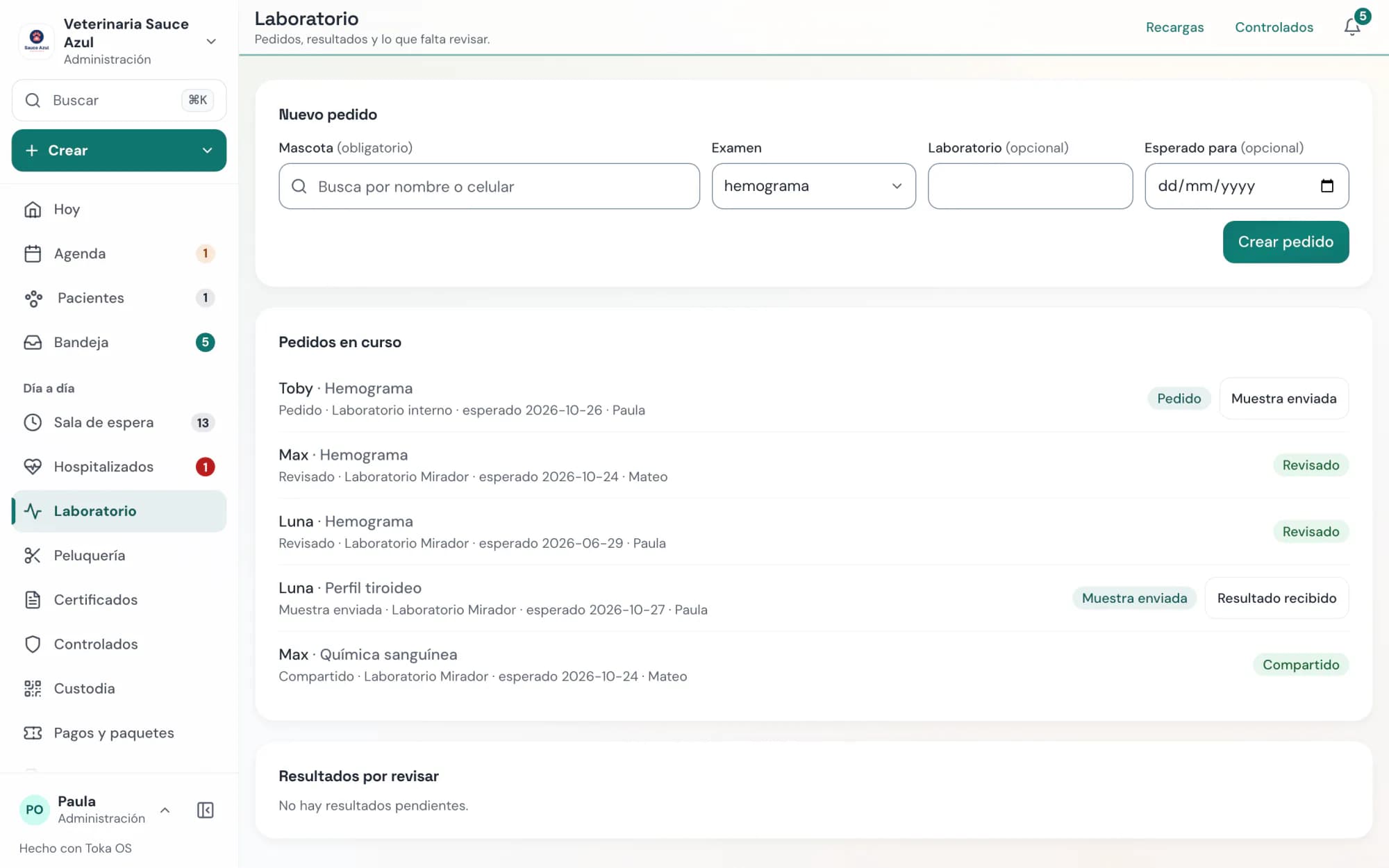 Toka OS: lista de trabajo del laboratorio con órdenes pendientes y completas