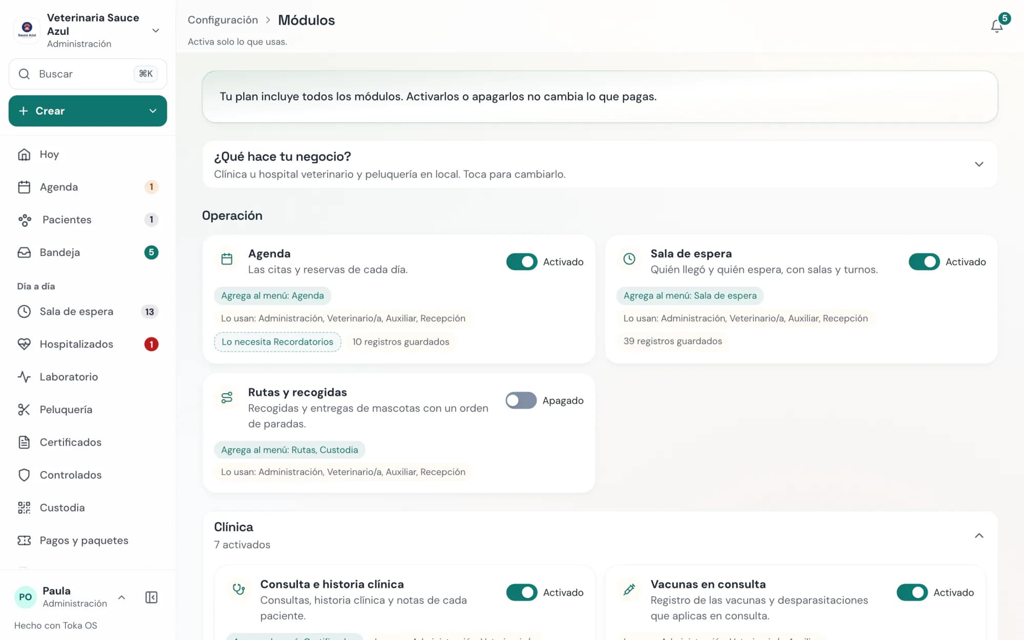 Toka OS: módulos del negocio que se prenden o se apagan sin cambiar el precio