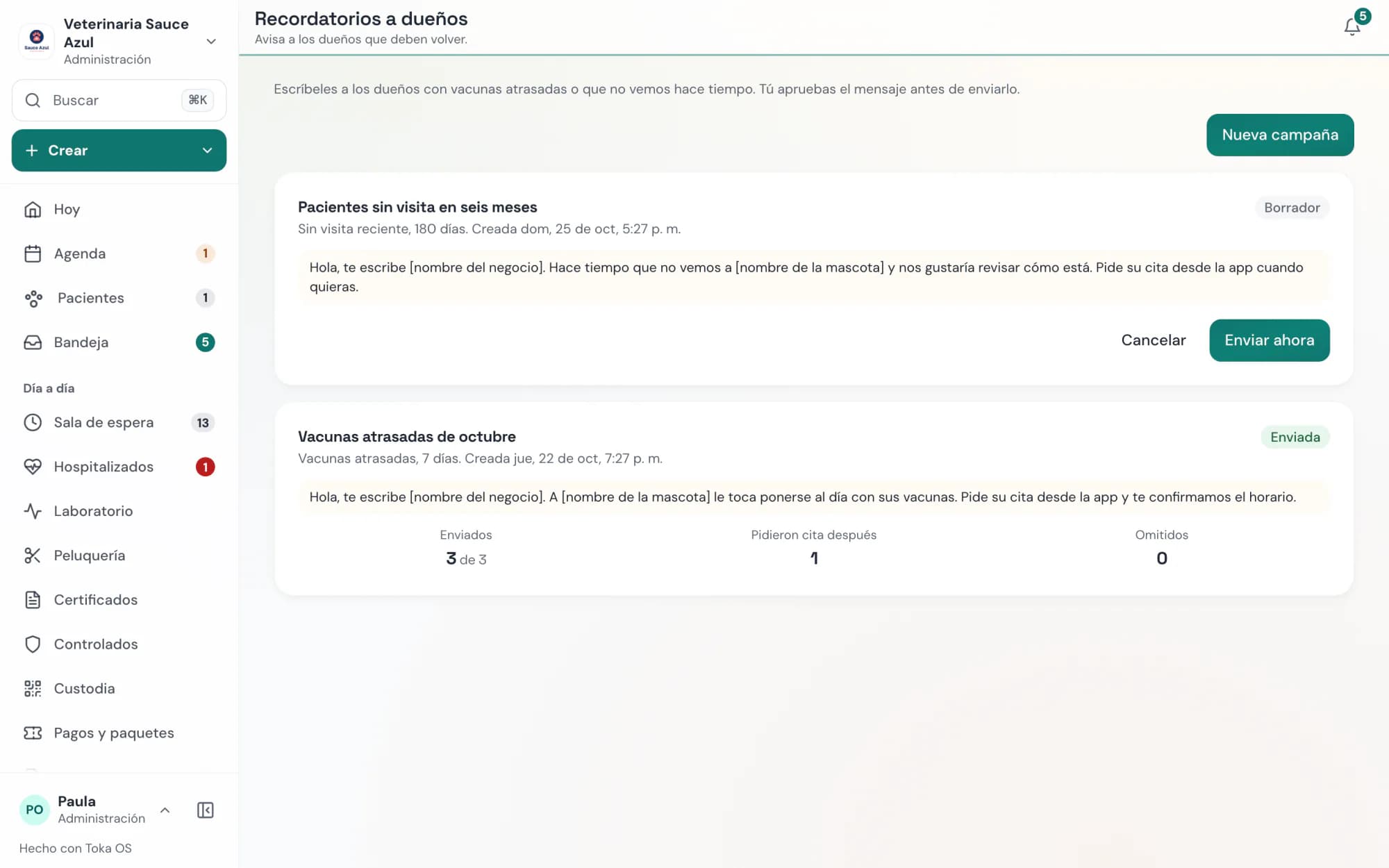 Toka OS: campaña de recordatorios para vacunas vencidas