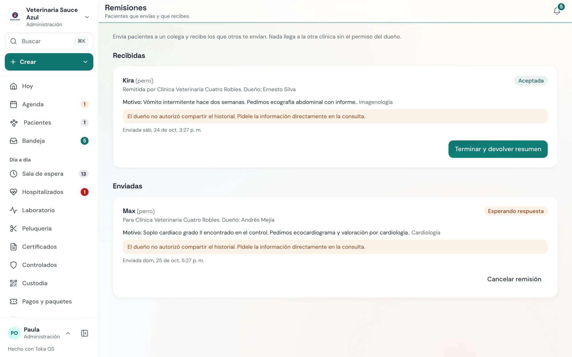 Toka OS: remisiones enviadas y recibidas, con la autorización del dueño