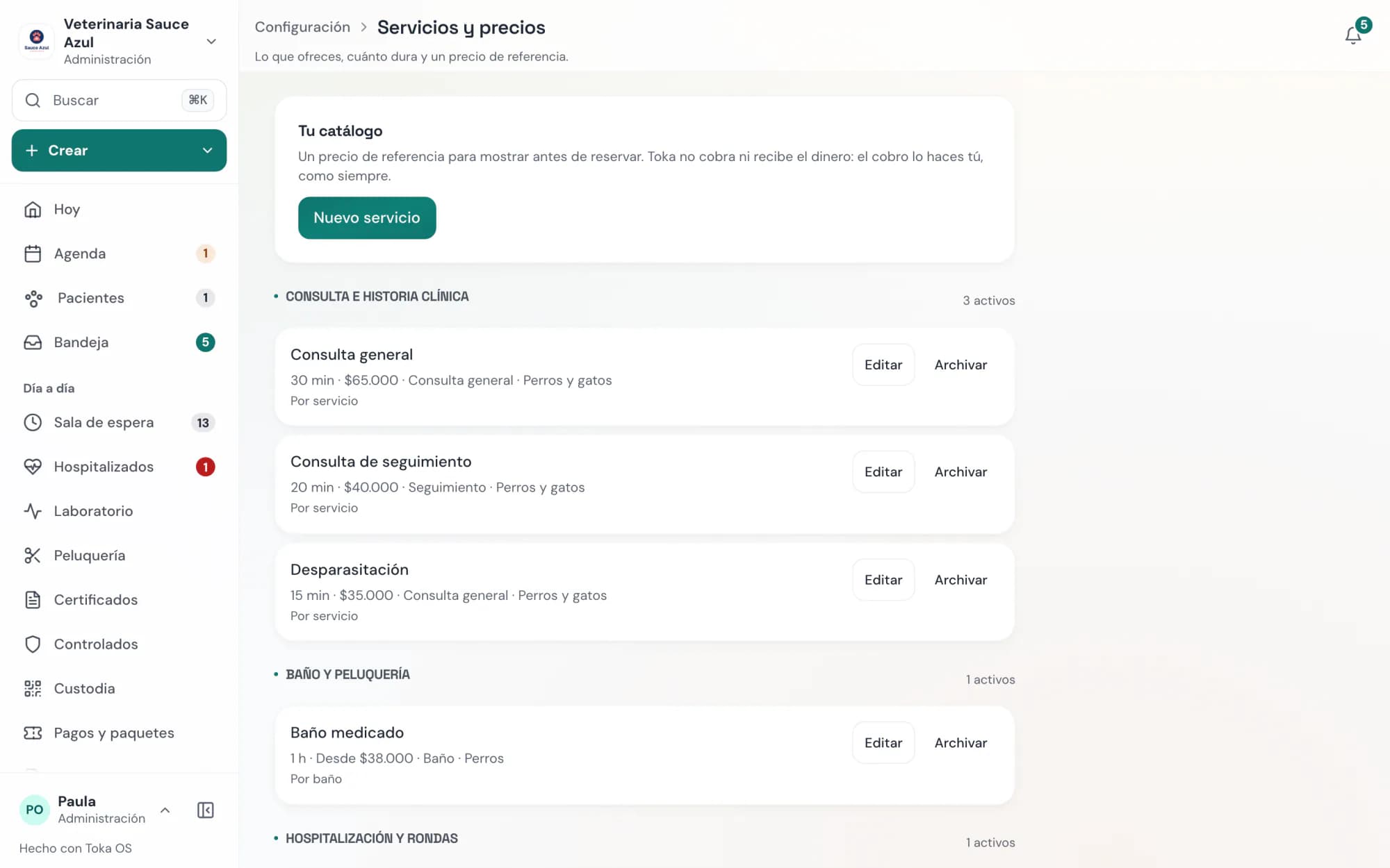 Toka OS: catálogo de servicios con duración, adicionales y tallas