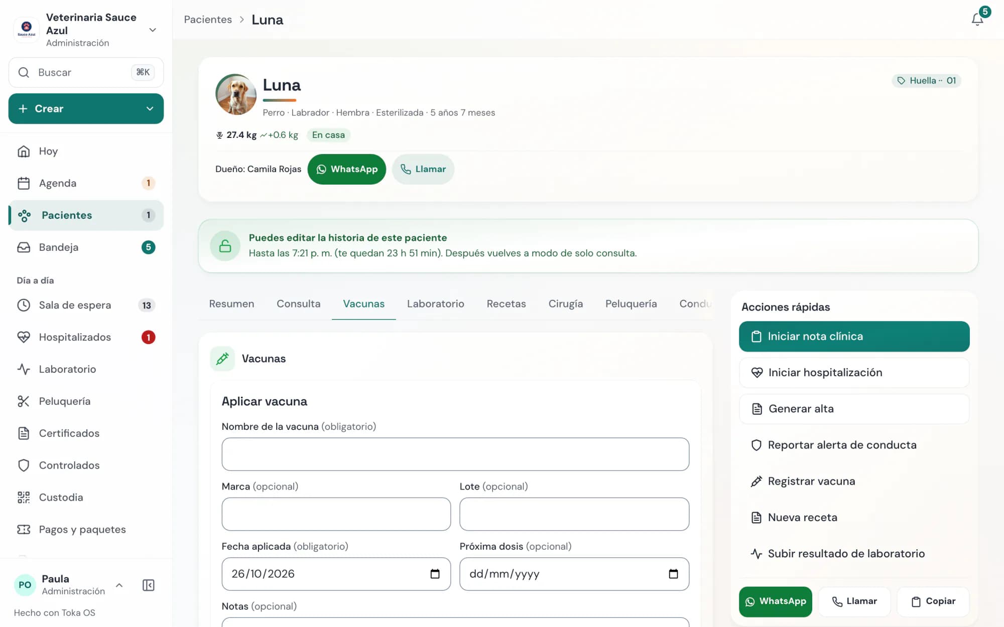 Toka OS: vacunas y desparasitaciones de Luna con la próxima fecha calculada