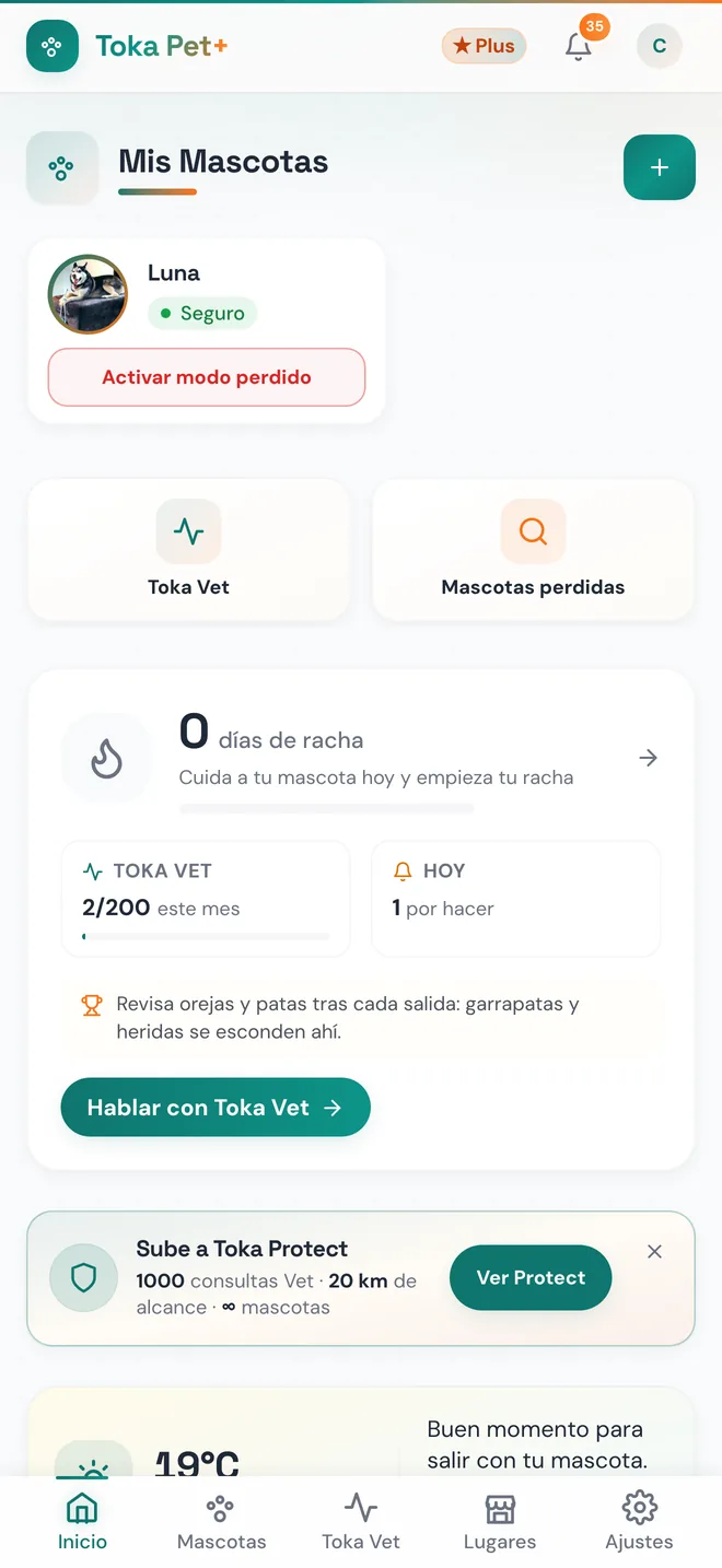 Pantalla de la app Toka Pet: Tu casa
