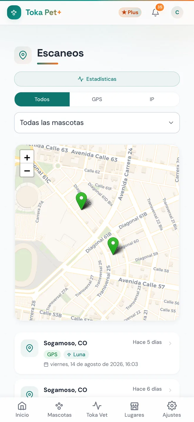 Pantalla de la app Toka Pet: Escaneos