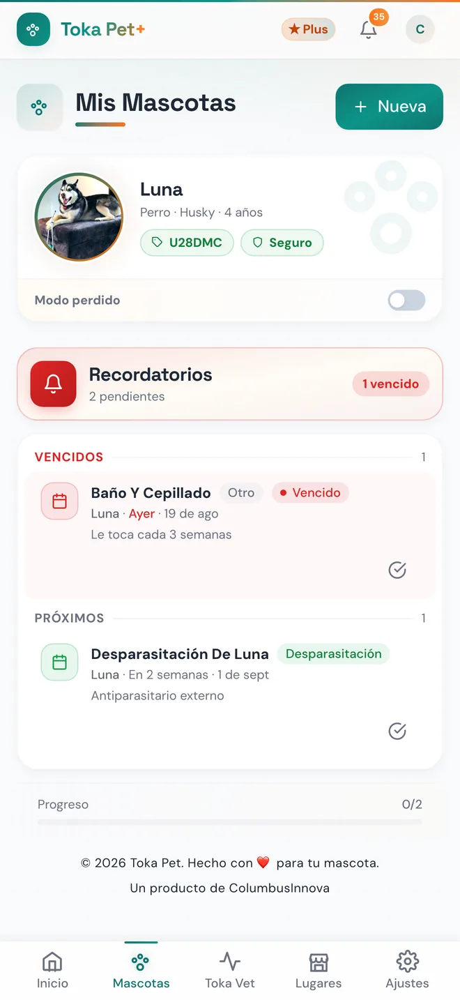 Pantalla de la app Toka Pet: Sus mascotas