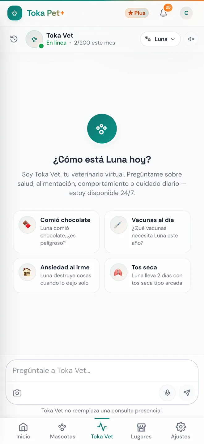 Pantalla de la app Toka Pet: Toka Vet